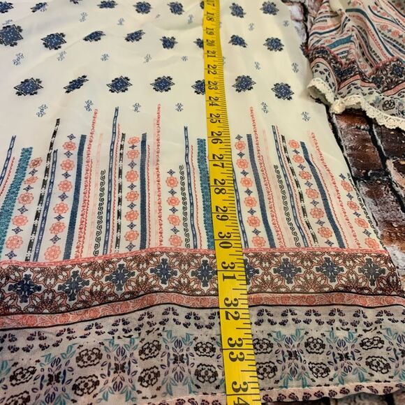 Xhilaration Blue Coral Paisley Dress Crochet Tipped Bell Sleeves Size L - Picture 6 of 8